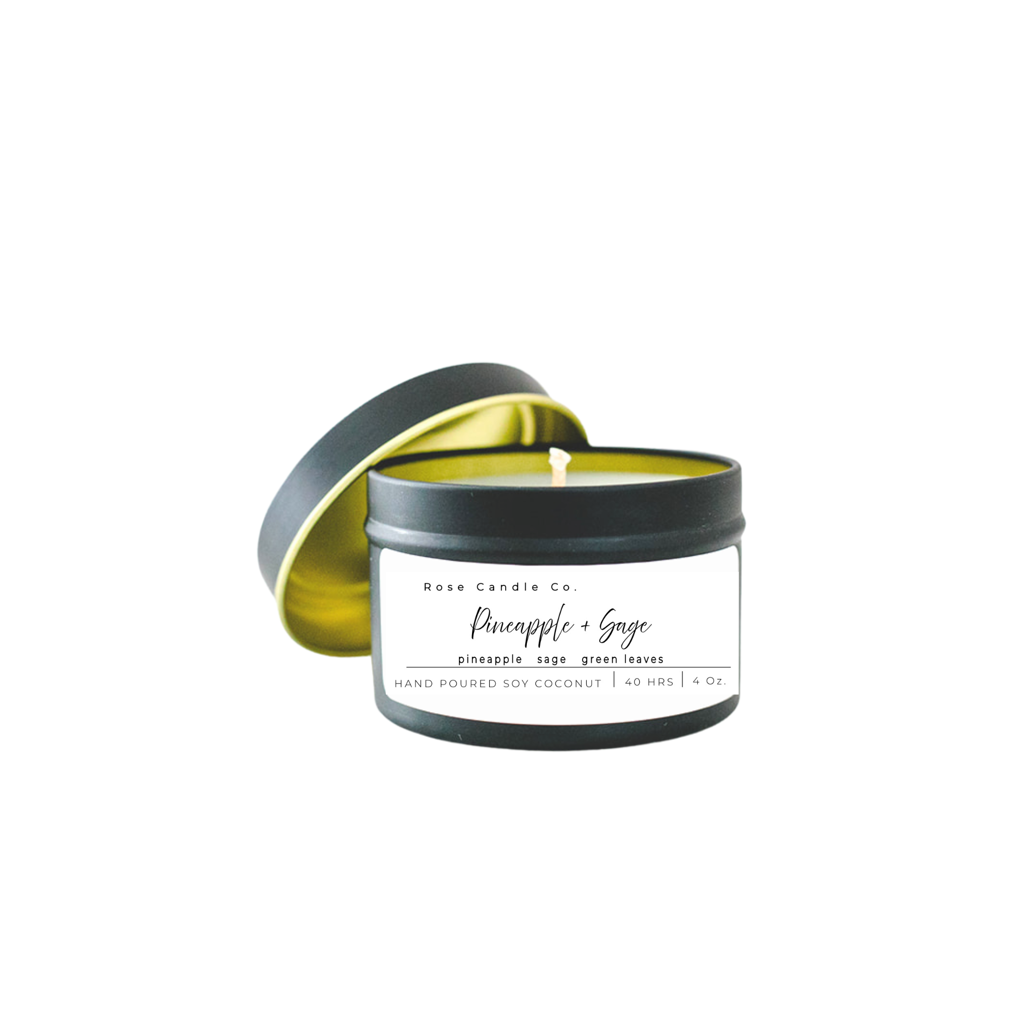 4 oz black tin travel candle with lid, gold interior and white label