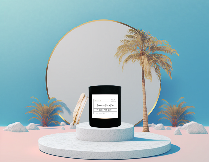 Candle labeled 'Summer Vacation' on a decorative stand with palm tree and beach elements.