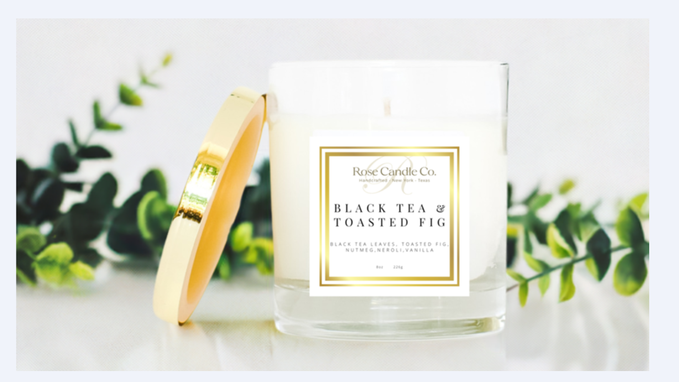 Black Tea & Toasted Fig candle in a luxury glass heavy rocks jar w gold lid