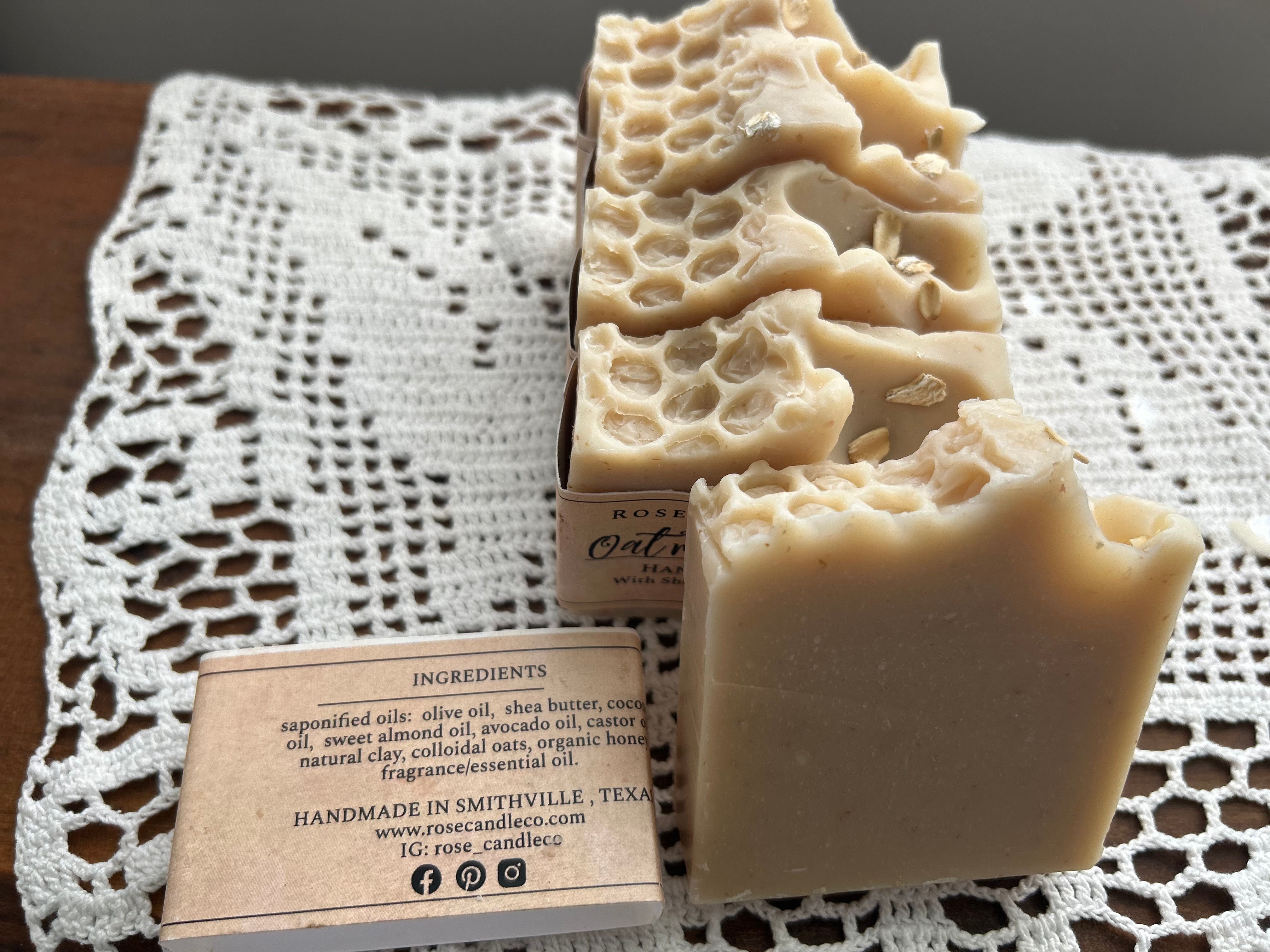 Oatmeal + Honey Soap w ingredient list atop a crochet'd doily