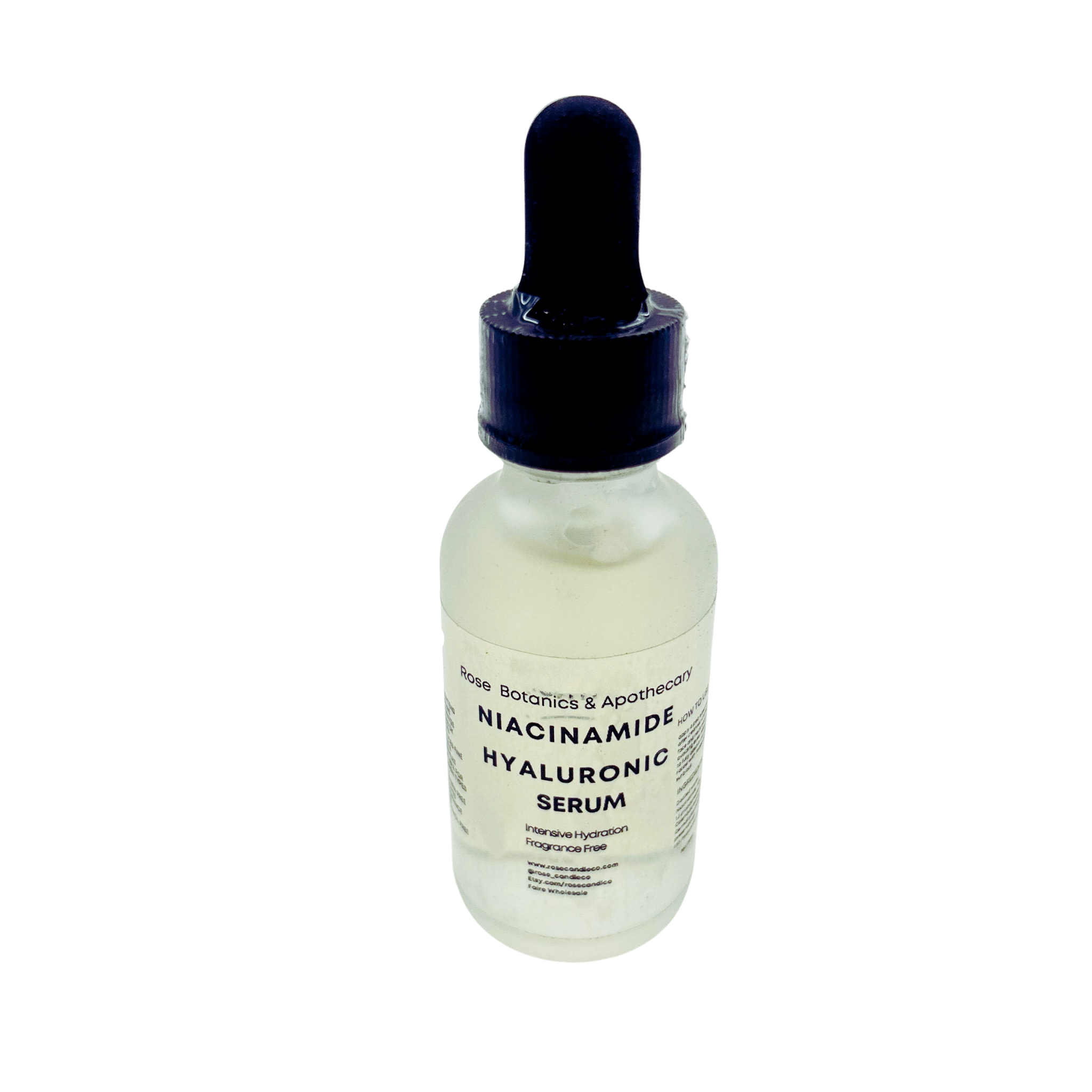 Glass bottle of Niacinamide Hyaluronic Serum with black rubber dropper on a white background